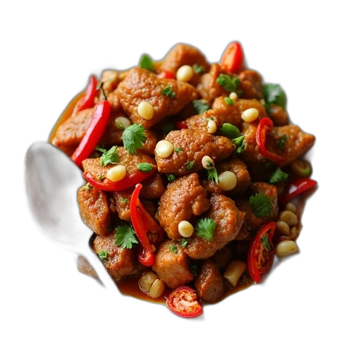 food, crown, 3d render, photorealistic, plate, stir-fried, meat, vegetables transparent PNG cut-out