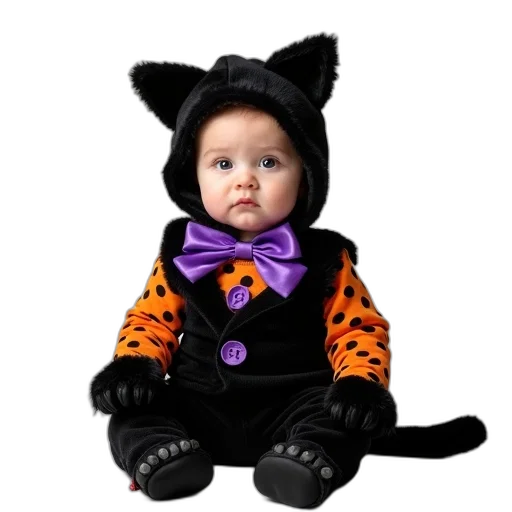 animal, toddler, dressed, black, cat, costume, purple, bow transparent PNG cut-out