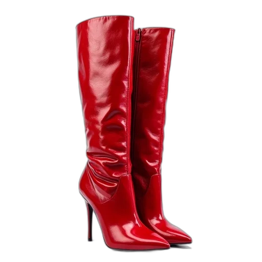 shoes, red, pair, high-heeled, boots, glossy, finish, textured transparent PNG cut-out