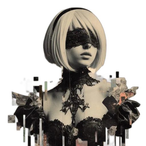 mask, robot, face, dress, cyberpunk, concept art, 3d render, pixel art transparent PNG cut-out