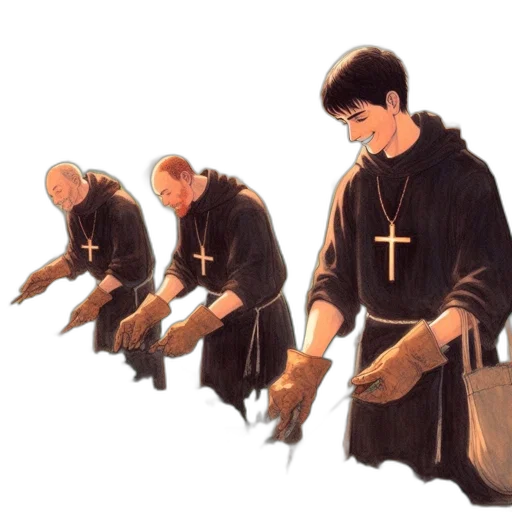 staff, concept art, three, monks, traditional, robes, tend, vegetable transparent PNG cut-out