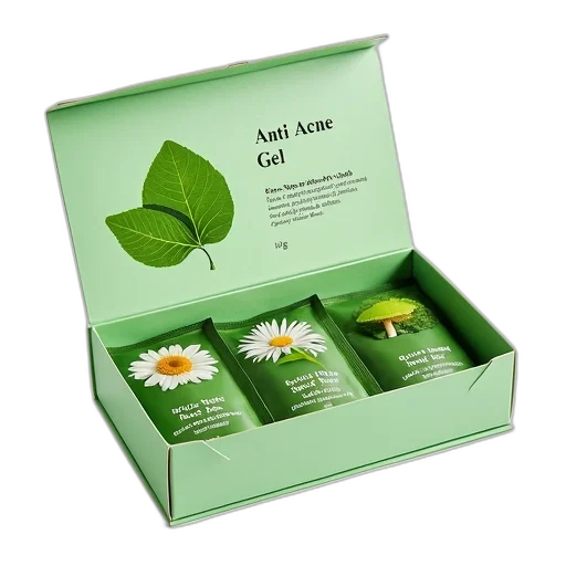 box, anti, acne, gel, green, label, picture, leaf transparent PNG cut-out