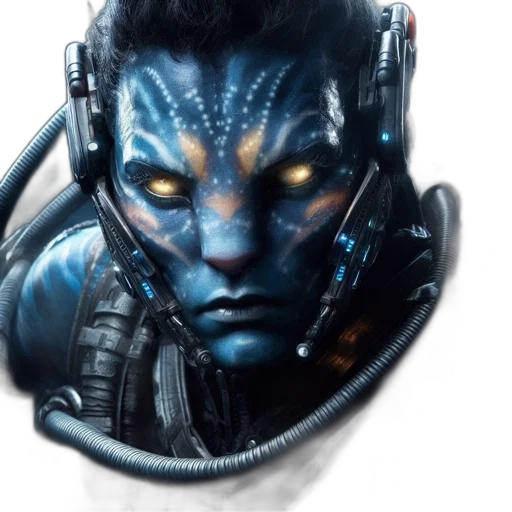 robot, face, mask, concept art, cyberpunk, fantasy art, photorealistic, blue transparent PNG cut-out