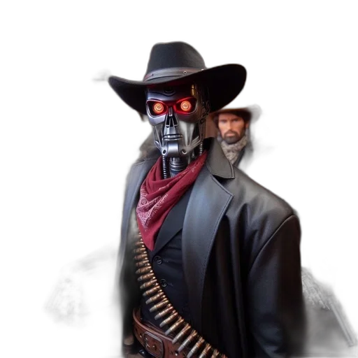 mask, weapon, hat, robot, concept art, 3d render, photorealistic, comic book art transparent PNG cut-out
