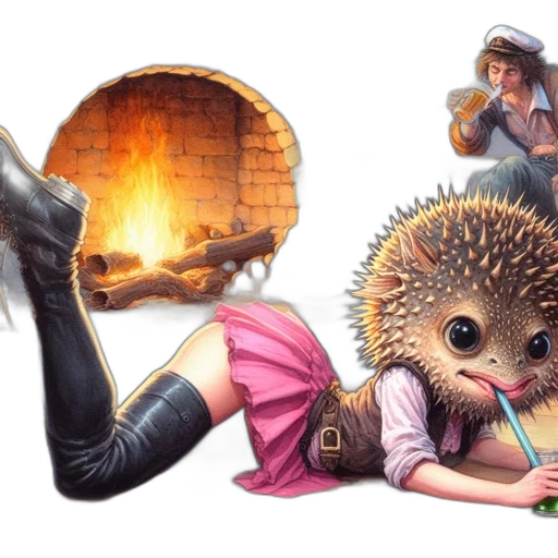 creature, fantasy art, concept art, photorealistic, comic book art, fire, inside, rustic transparent PNG cut-out