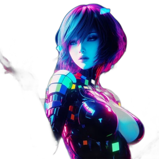 robot, dress, cyberpunk, pixel art, concept art, fantasy art, neon lights, outer space transparent PNG cut-out