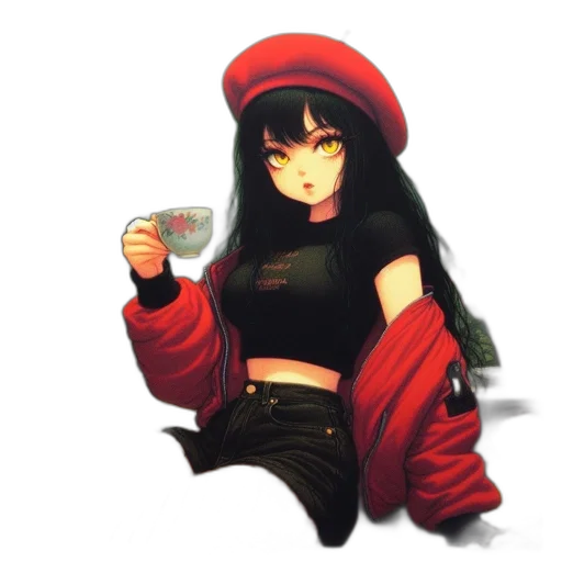jacket, hat, dress, weapon, pixel art, anime, concept art, vaporwave transparent PNG cut-out
