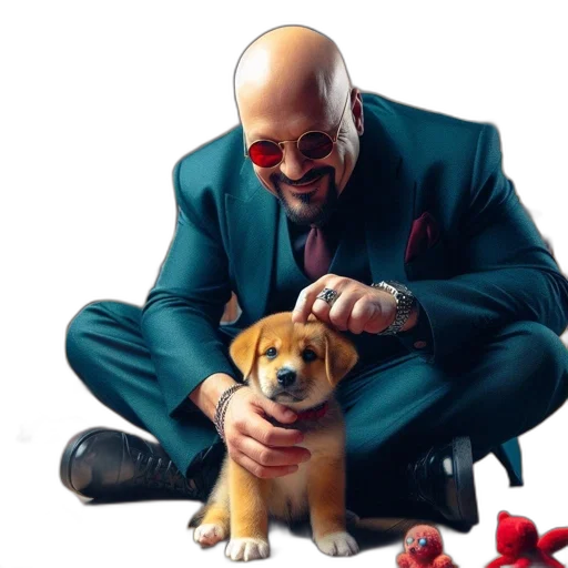 animal, jacket, concept art, photorealistic, man, bald, head, red-lensed transparent PNG cut-out
