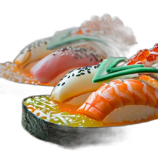 food, photorealistic, 3d render, japanese-inspired, sushi, sandwiches, artfully, constructed transparent PNG cut-out