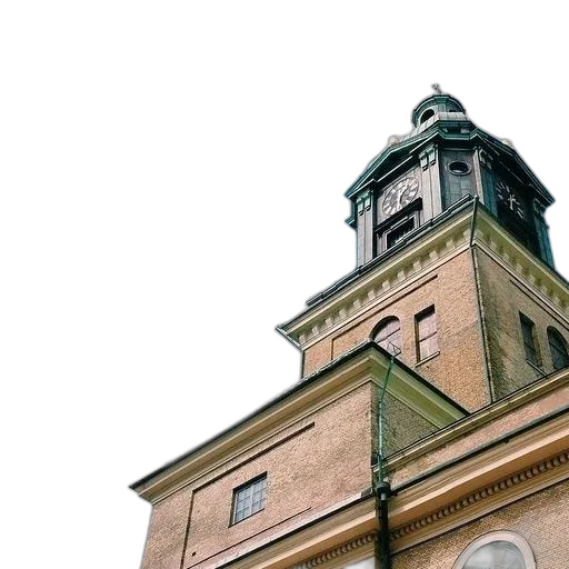 building, photorealistic, 3d render, city street, clock, tower, green, roof transparent PNG cut-out