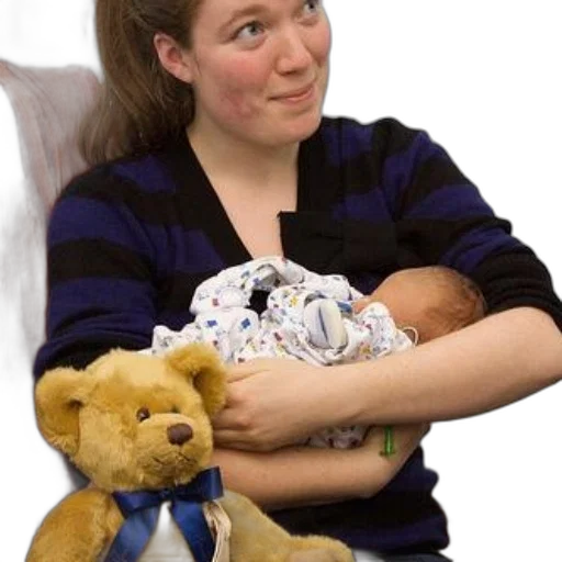 woman, striped, sweater, holds, baby, while, sitting, next transparent PNG cut-out