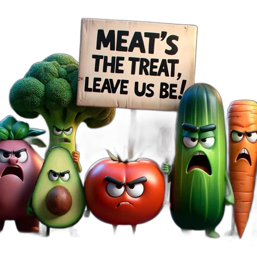 food, animated, vegetables, stage, humorous, protest, against, meat transparent PNG cut-out