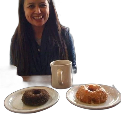 food, woman, sits, table, two, donuts, cup, coffee transparent PNG cut-out