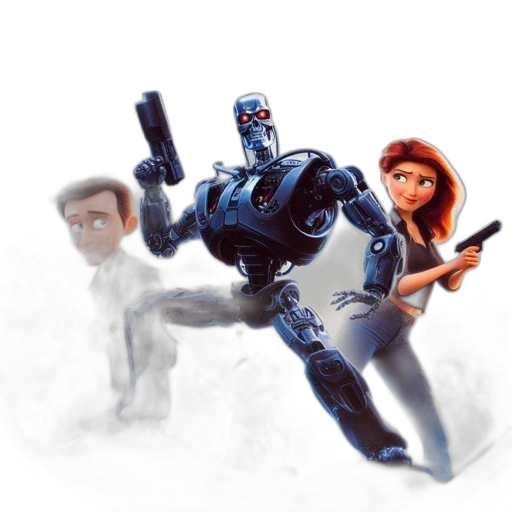 robot, weapon, 3d render, concept art, comic book art, cartoon, outer space, poster transparent PNG cut-out