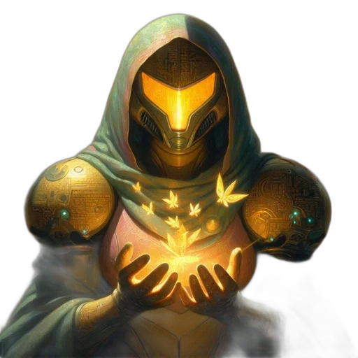 mask, robot, weapon, concept art, fantasy art, comic book art, 3d render, golden transparent PNG cut-out