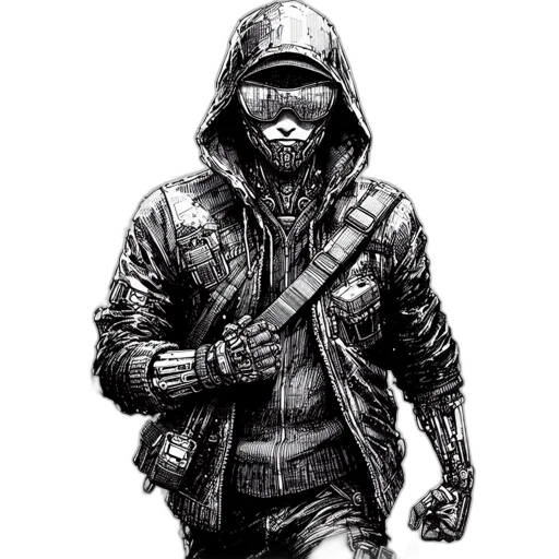 jacket, mask, weapon, face, comic book art, concept art, cyberpunk, pencil sketch transparent PNG cut-out