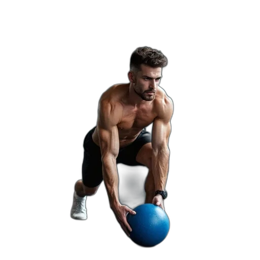 photorealistic, man, holding, blue, ball, doing, overhead, lunge transparent PNG cut-out