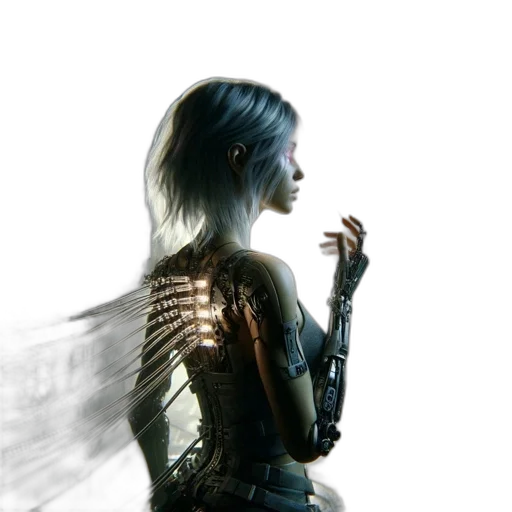 jacket, weapon, sword, dress, concept art, cyberpunk, fantasy art, photorealistic transparent PNG cut-out