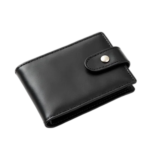 black, leather, wallet, silver, snap, closure, displayed, against transparent PNG cut-out