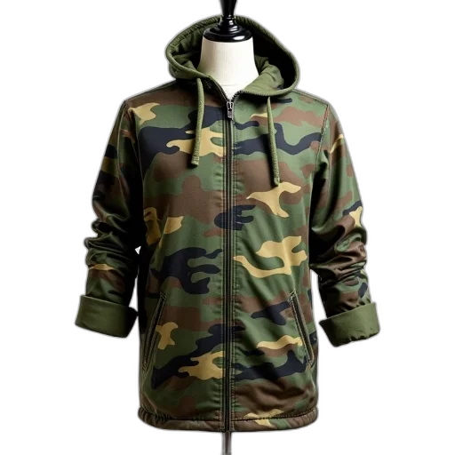 jacket, 3d render, green, camouflage, hood, displayed, against, white transparent PNG cut-out