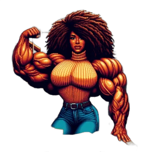 hair, weapon, comic book art, concept art, pixel art, cartoon, muscular, woman transparent PNG cut-out