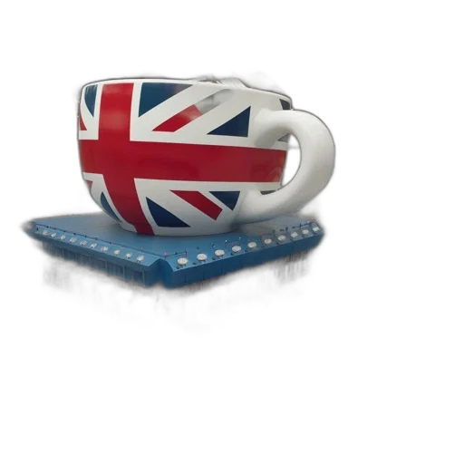 3d render, industrial, setting, portrays, teacup-shaped, british-flagged, factory, active transparent PNG cut-out