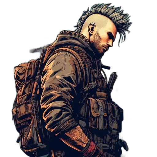 jacket, weapon, face, staff, concept art, cyberpunk, comic book art, pixel art transparent PNG cut-out
