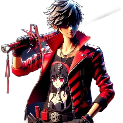 weapon, jacket, staff, sword, concept art, pixel art, anime, cyberpunk transparent PNG cut-out