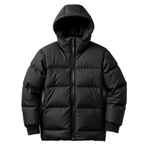 jacket, black, puffer, hood, displayed, against, white, background transparent PNG cut-out