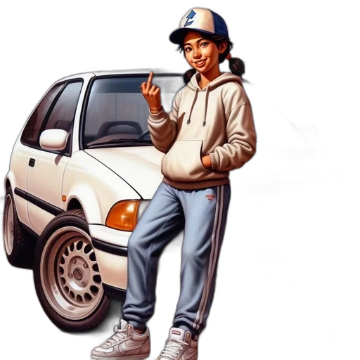 car, jacket, concept art, photorealistic, pixel art, cartoon, young, woman transparent PNG cut-out