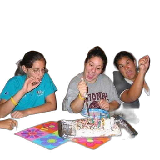 jewelry, staff, three, girls, sit, table, cake, colorful transparent PNG cut-out