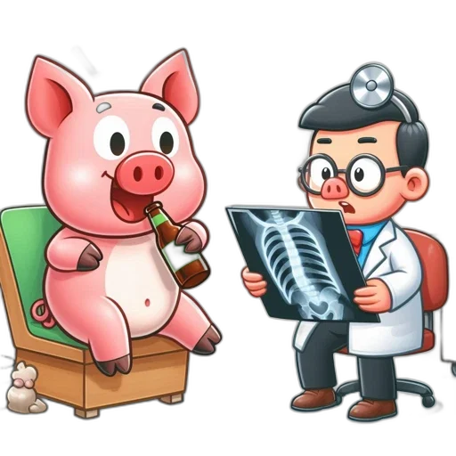 concept art, cartoon, scene, shows, pig, medical, setting, sitting transparent PNG cut-out