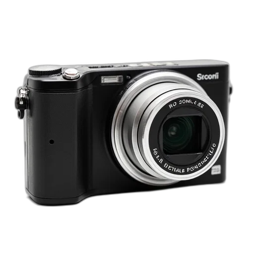 weapon, photorealistic, 3d render, black, compact, digital, camera, silver transparent PNG cut-out