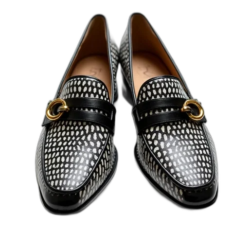 shoes, pair, black, white, patterned, loafers, gold, buckle transparent PNG cut-out