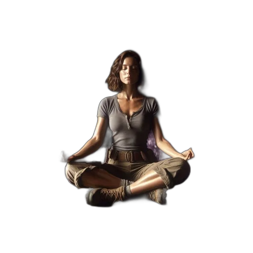 concept art, fantasy art, photorealistic, pixel art, earth tones, woman, meditates, surrounded transparent PNG cut-out