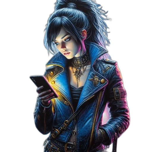 jacket, staff, weapon, cyberpunk, concept art, fantasy art, comic book art, neon lights transparent PNG cut-out
