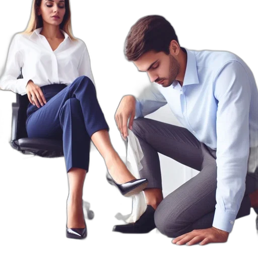 shoes, furniture, monochrome, office, setting, woman, cross-legged, wears transparent PNG cut-out