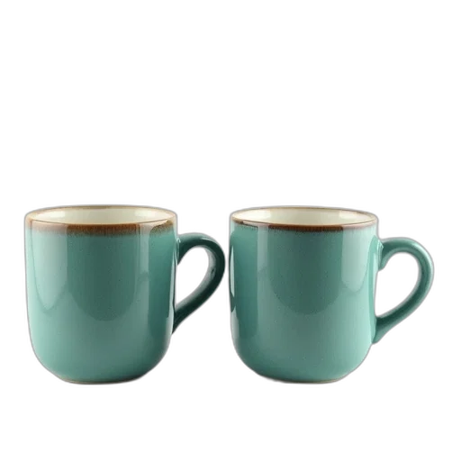 3d render, photorealistic, two, matching, teal, ceramic, mugs, textured transparent PNG cut-out
