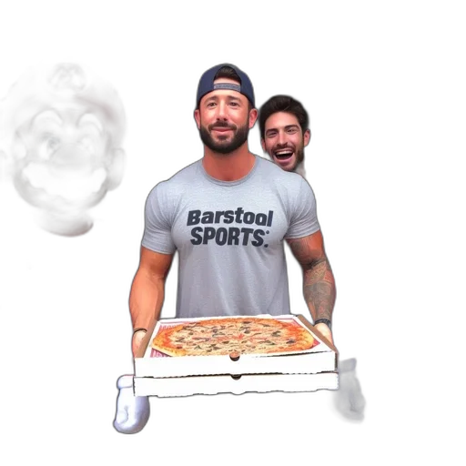 food, 3d render, fire, man, barstool, sports, shirt, holds transparent PNG cut-out