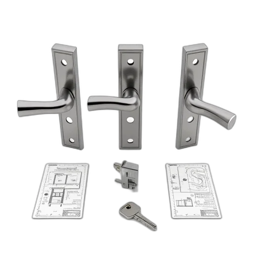 set, three, silver, door, handles, keyhole, lock, key transparent PNG cut-out
