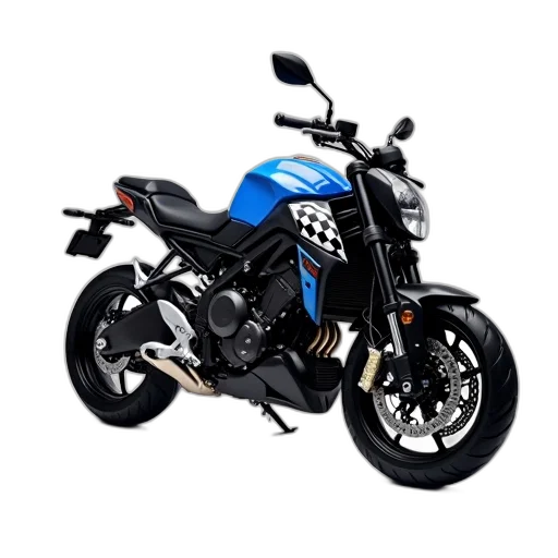photorealistic, 3d render, black, blue, motorcycle, checkered, pattern, side transparent PNG cut-out