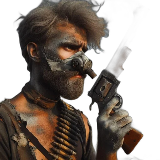 weapon, mask, concept art, comic book art, cyberpunk, photorealistic, barren, smoky transparent PNG cut-out