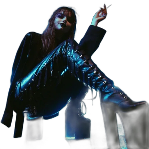 jacket, concept art, cyberpunk, woman, dark, attire, sits, wet transparent PNG cut-out