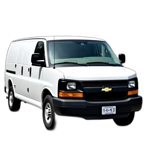 car, photorealistic, white, chevrolet, van, parked, street, trees transparent PNG cut-out