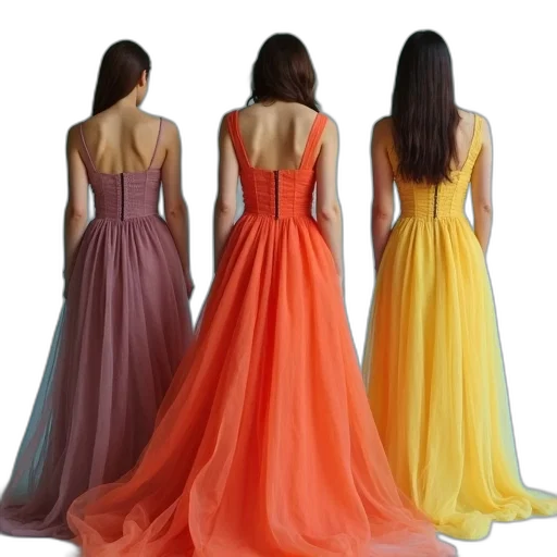 dress, colorful, neon, pastel, golden, woman, wearing, three transparent PNG cut-out
