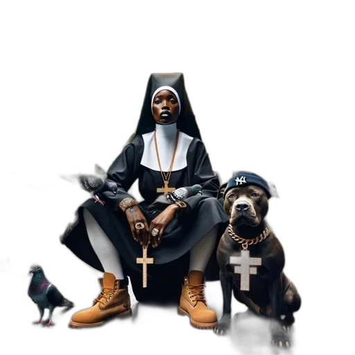 concept art, nun-like, figure, wearing, secular, items, dog, adorned transparent PNG cut-out