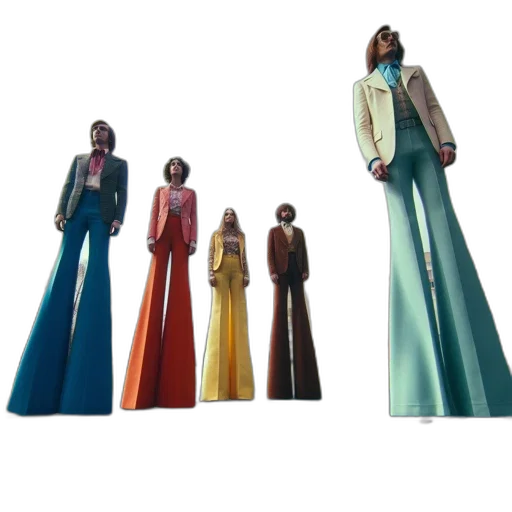 3d render, concept art, colorful, five, people, wearing, 1970s-style, vibrant transparent PNG cut-out