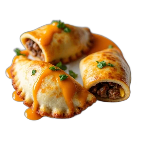 food, photorealistic, plate, three, empanadas, generous, amount, sauce transparent PNG cut-out