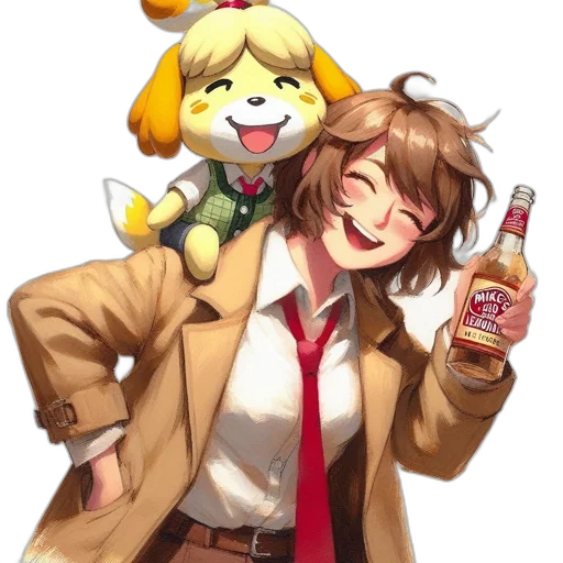 jacket, bottle, animal, staff, pixel art, concept art, anime, watercolor transparent PNG cut-out