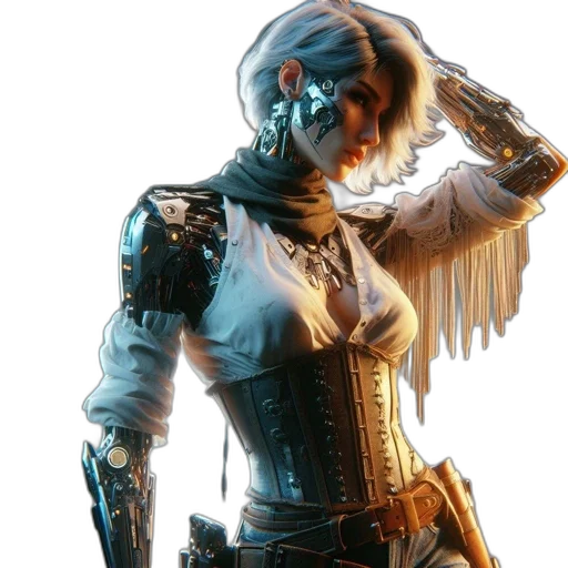 robot, weapon, staff, jacket, cyberpunk, concept art, fantasy art, comic book art transparent PNG cut-out